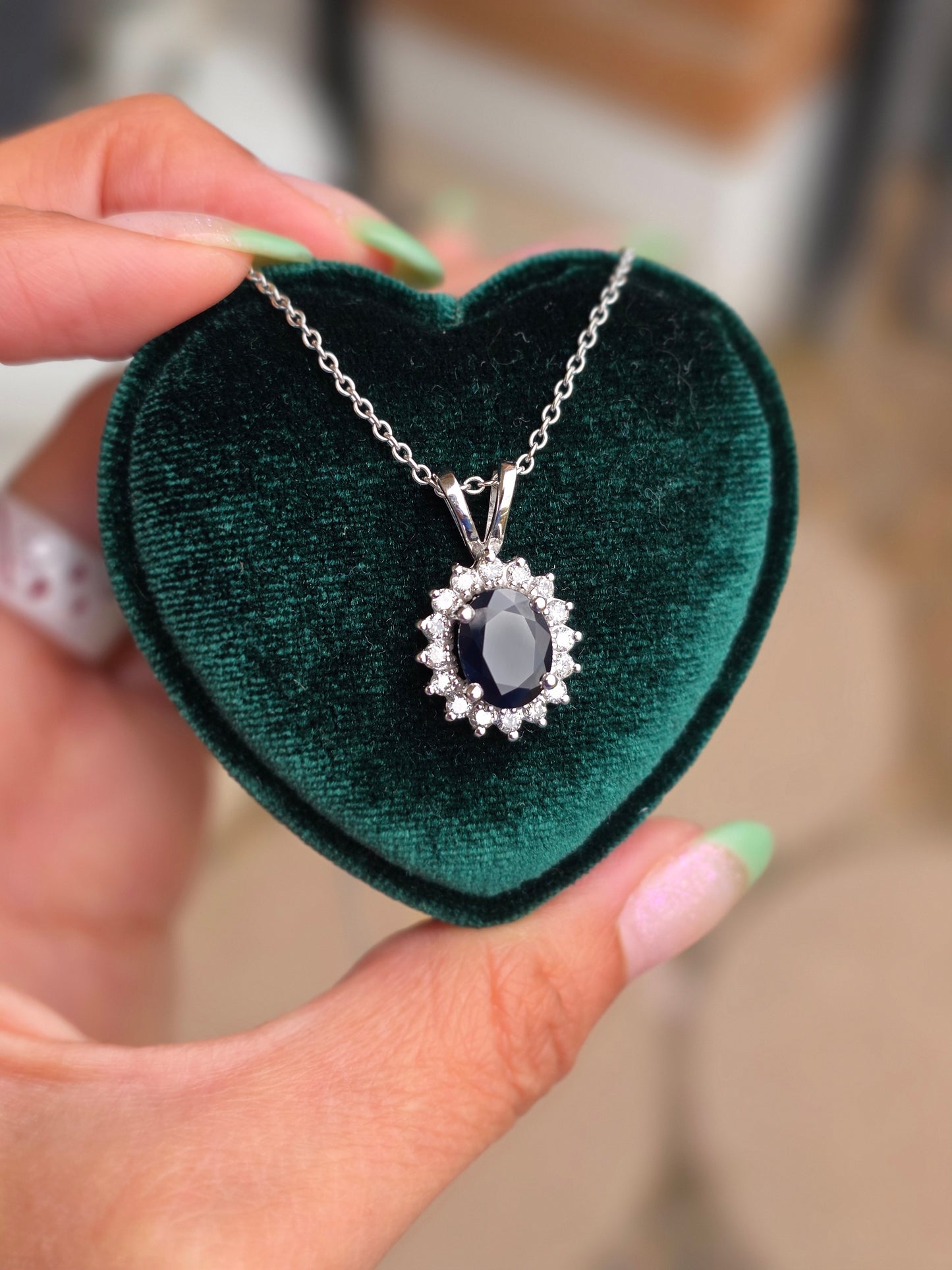 Beautiful 14k White Gold 2.44TCW Dark Blue Sapphire and Diamond Halo Pendant Necklace With 16" Cable Chain