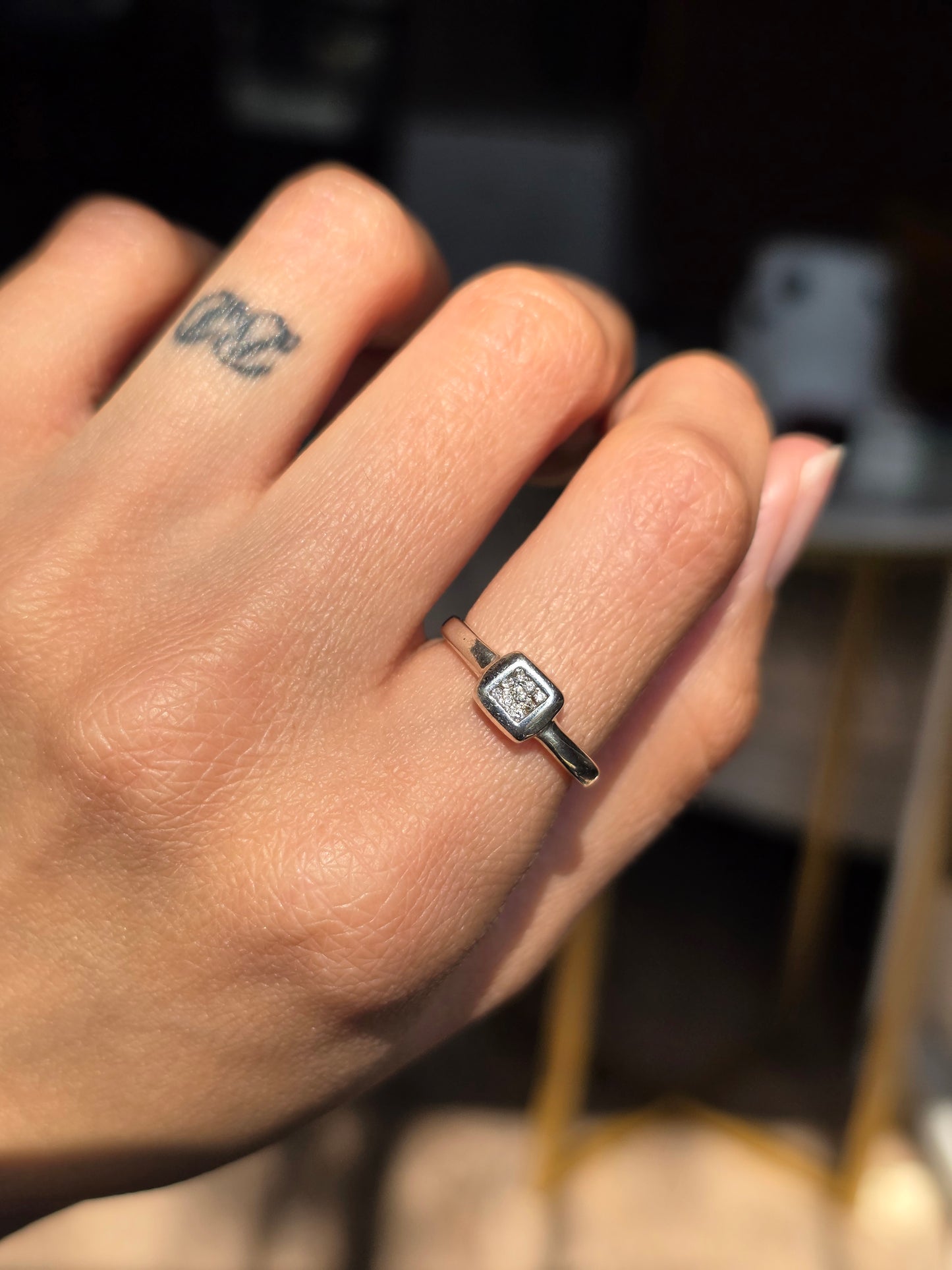 Adorable Sterling Silver Diamond Square Signet Ring Size 5