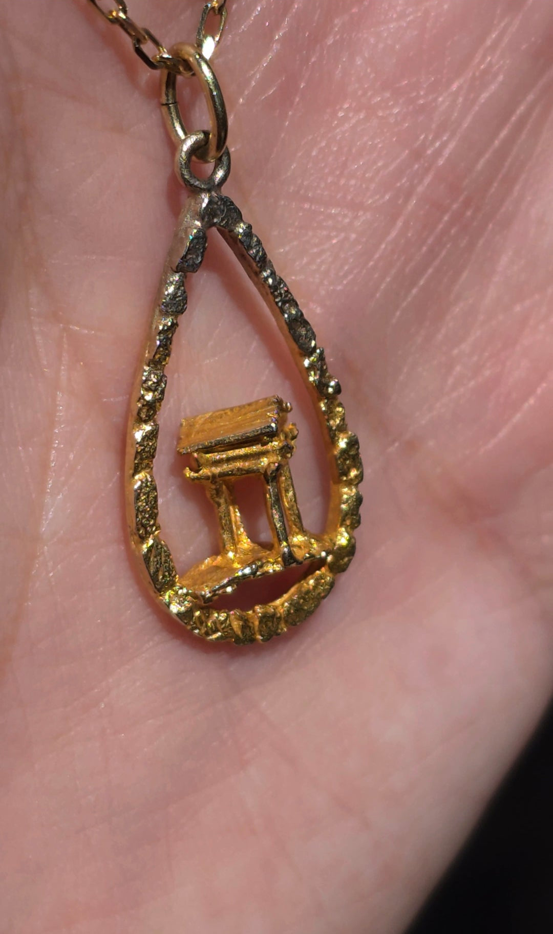 #10- 10k Gold 3D Greek Temple Inside Tear Drop Nugget 2T Ombre Frame Charm (NO CHAIN)