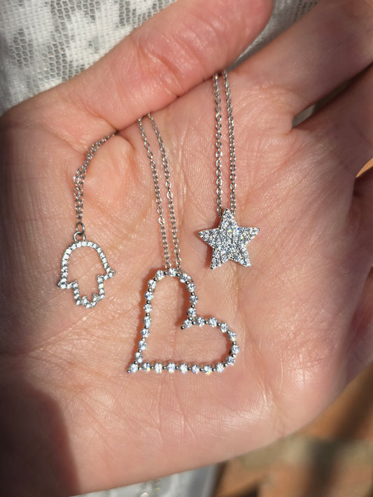 Sterling Silver and Sparkling CZ Stone Necklaces - Hamsa / Heart / Star - Choose Option