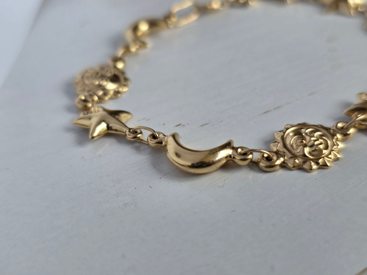 Beautiful 14k Gold Celestial Sun Star Puffy Moon Bracelet 6.75"