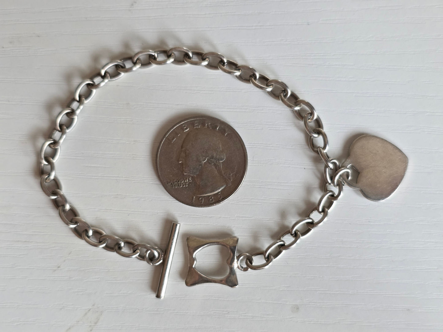 Sterling Silver Heart Tag Rolo Chain Bracelet Toggle Clasp 7.5"