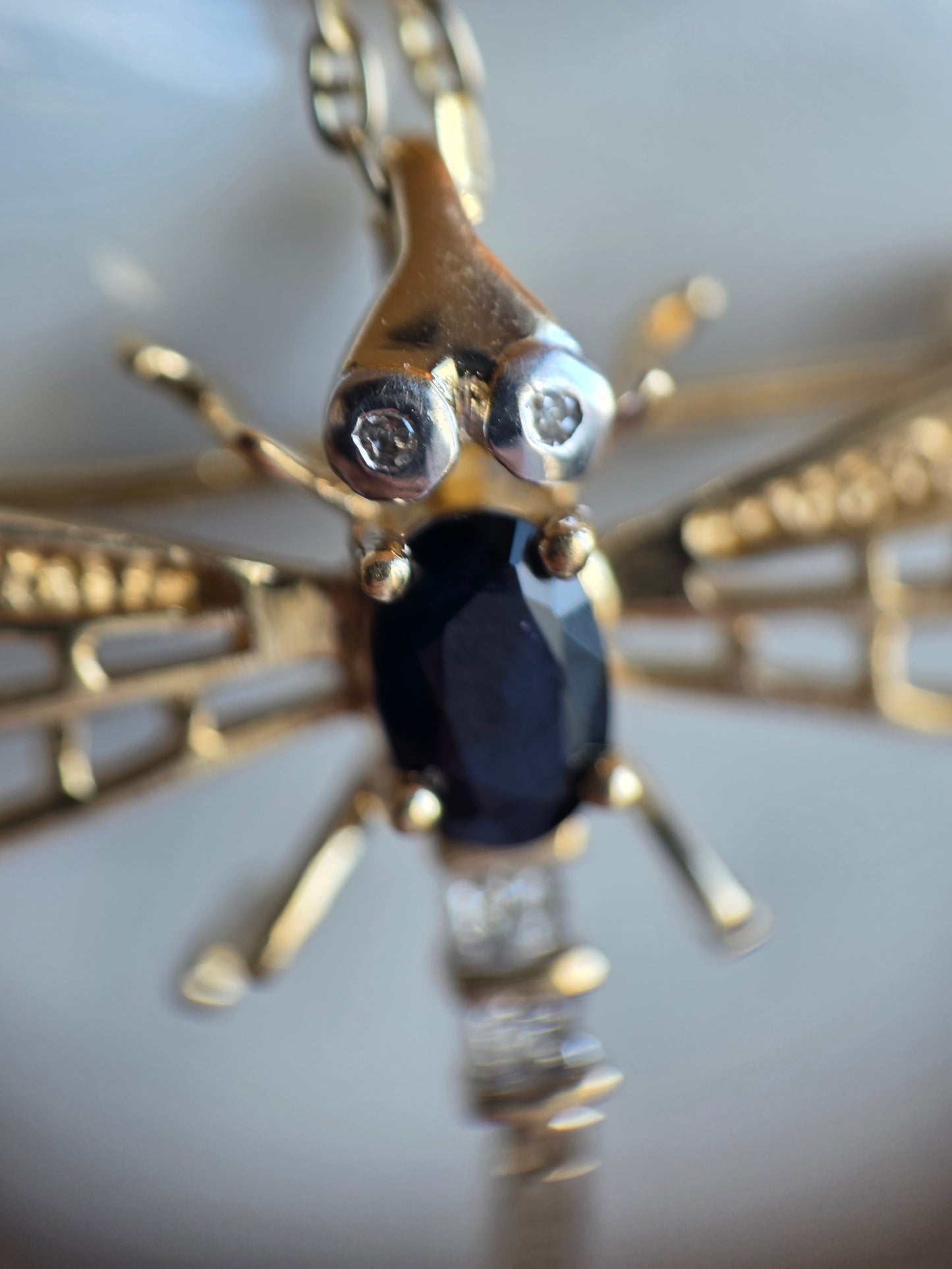 Adorable 14k Gold Sapphire and Diamond Two Toned Articulated Dragonfly Brooch/ Pendant (NO CHAIN)