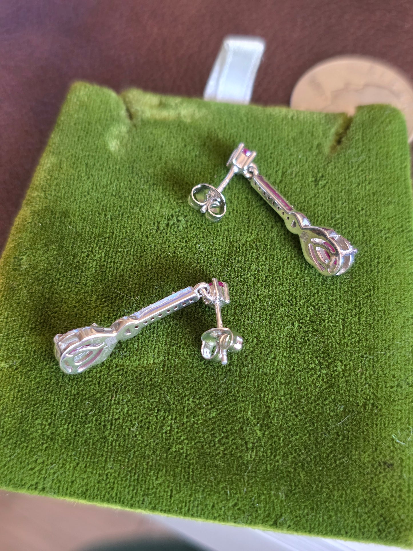 Pretty Sterling Silver .74TCW Ruby and White Topaz Drop Dangle Earrings