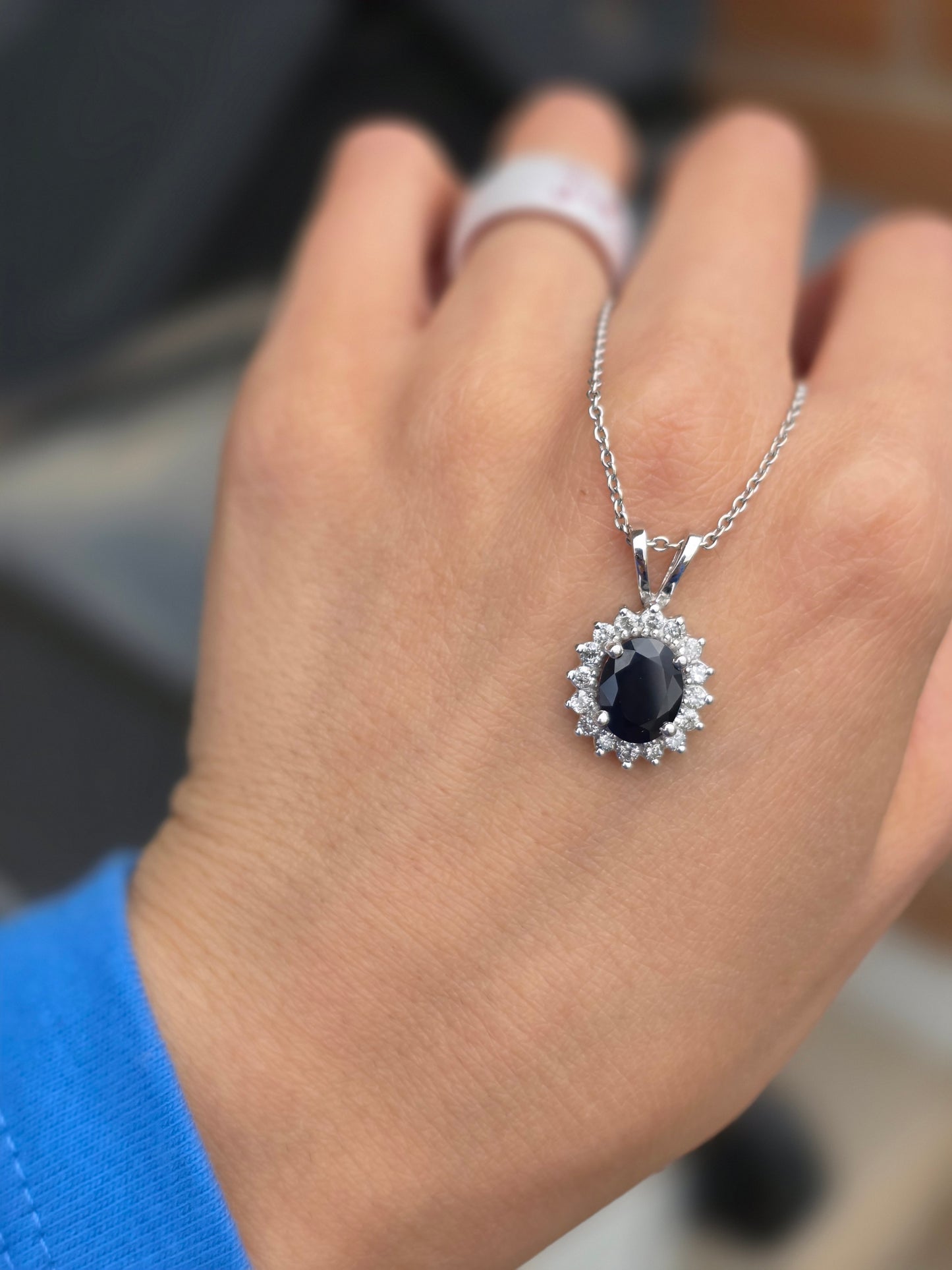 Beautiful 14k White Gold 2.44TCW Dark Blue Sapphire and Diamond Halo Pendant Necklace With 16" Cable Chain