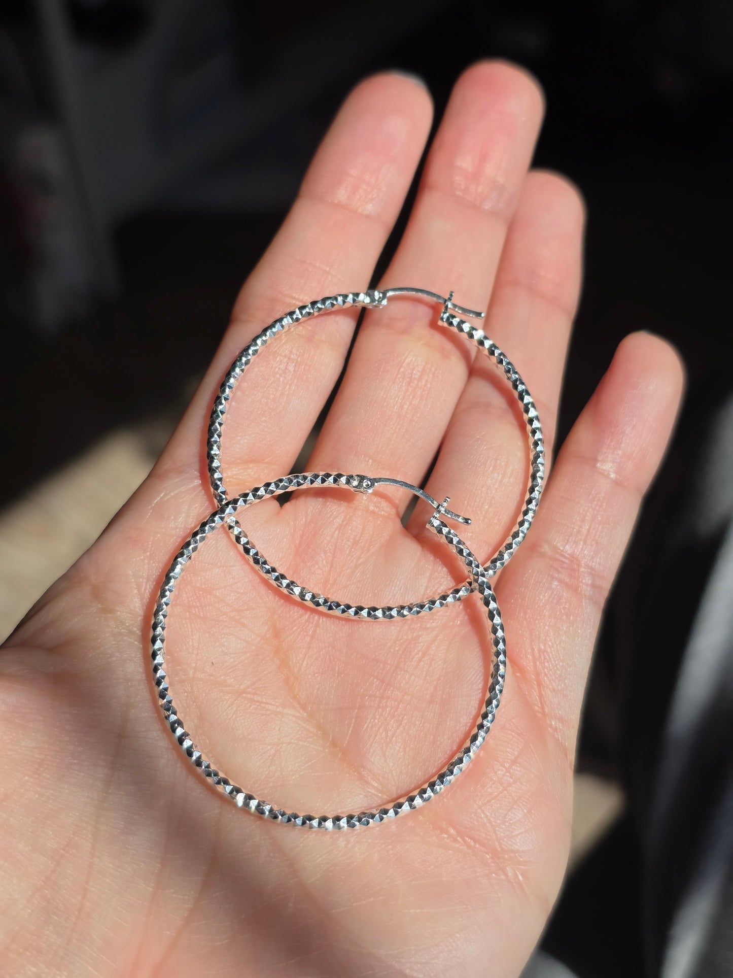 Large 44mm Textured Sterling Silver Hoops Earrings