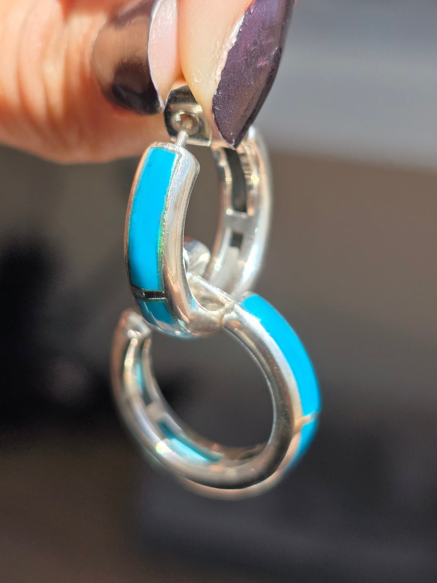 Awesome Turquoise Inlay Sterling Silver Solid Hoops Earrings