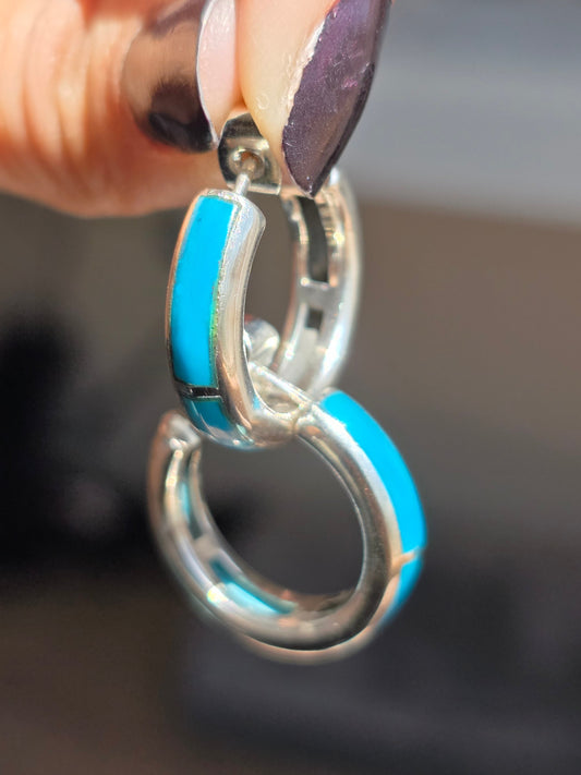 Awesome Turquoise Inlay Sterling Silver Solid Hoops Earrings