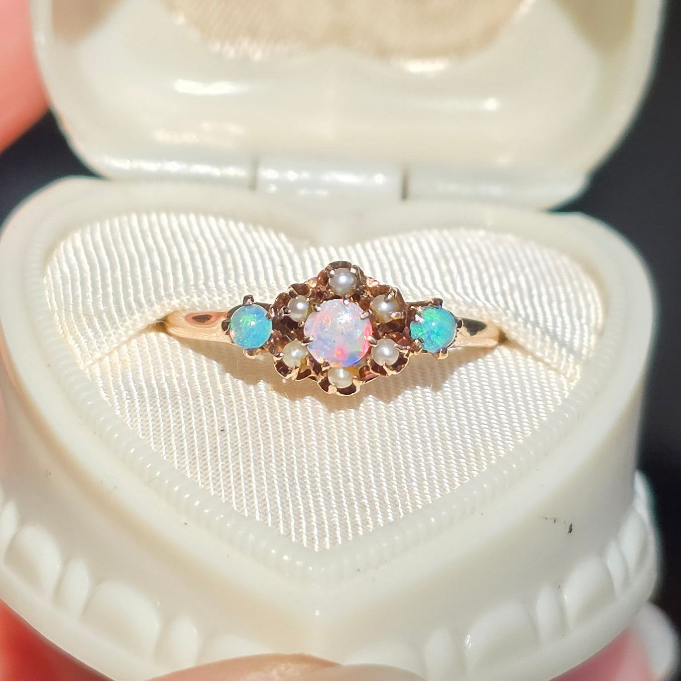 Beautiful Vintage 10k Rose Gold Opal and Seed Pearl Ring Size 6