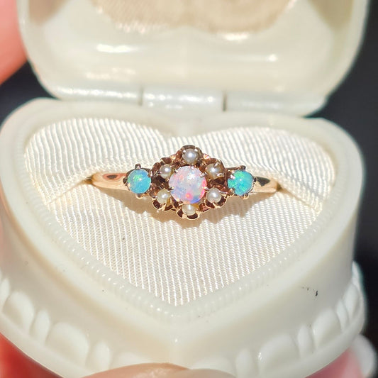 Beautiful Vintage 10k Rose Gold Opal and Seed Pearl Ring Size 6