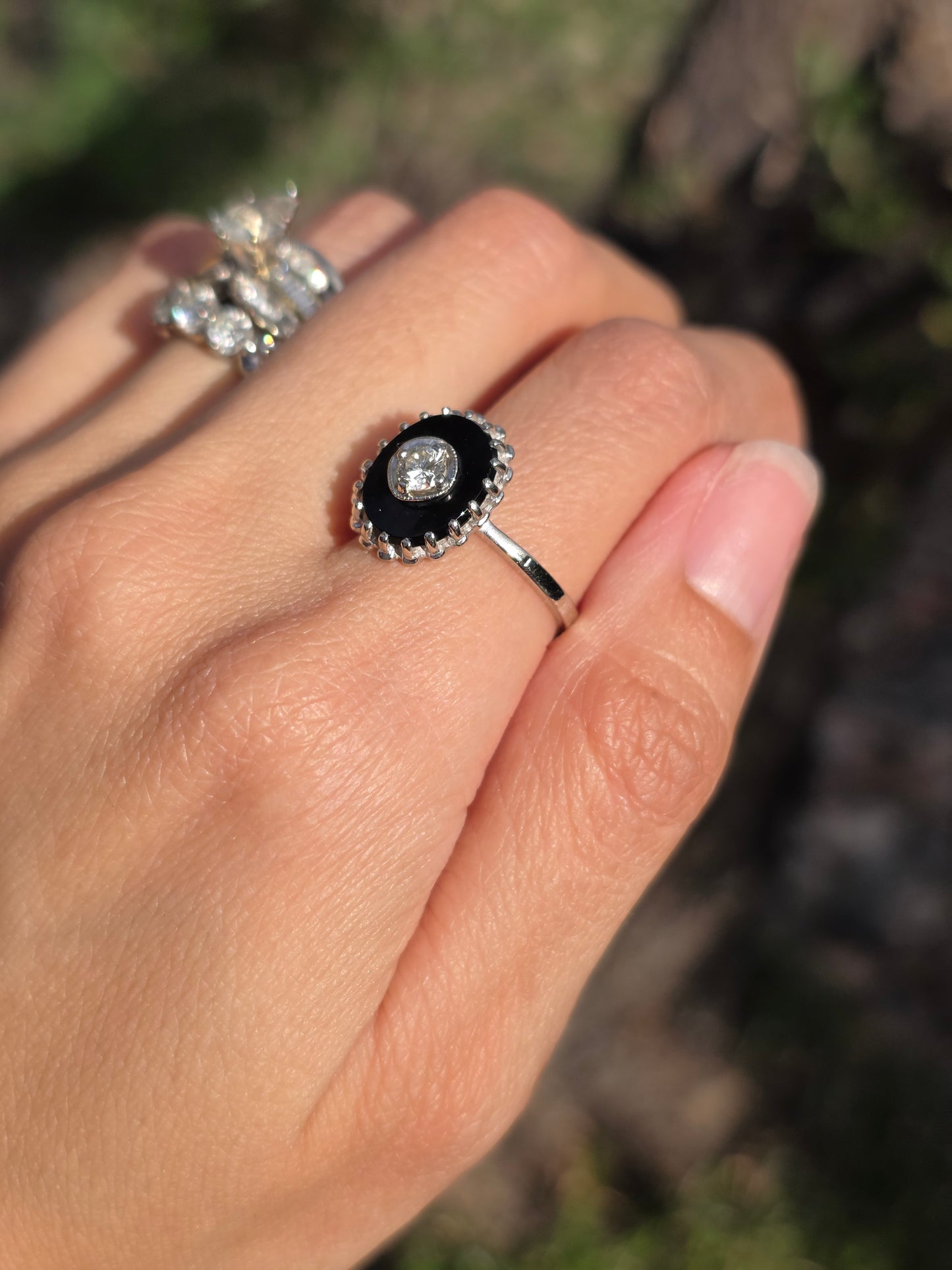 Stunning 10k White Gold Black Onyx And Diamond Statement Ring Size 8