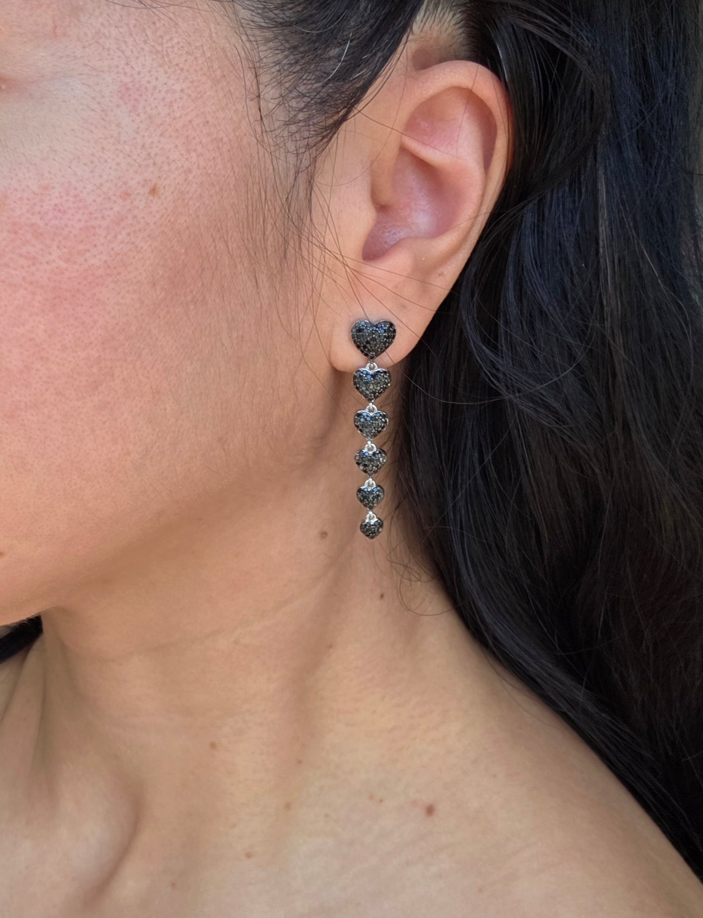 Sterling Silver Pave Set Black Onyx Heart Drop Dangle Statement Earrings