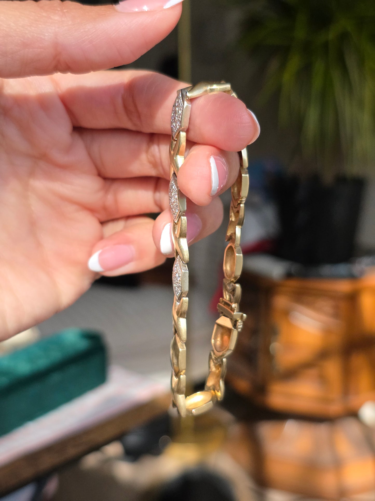 Amazing Two Toned 14k X Link Elongated Hexagon White Gold and Diamond Bracelet 7.5"