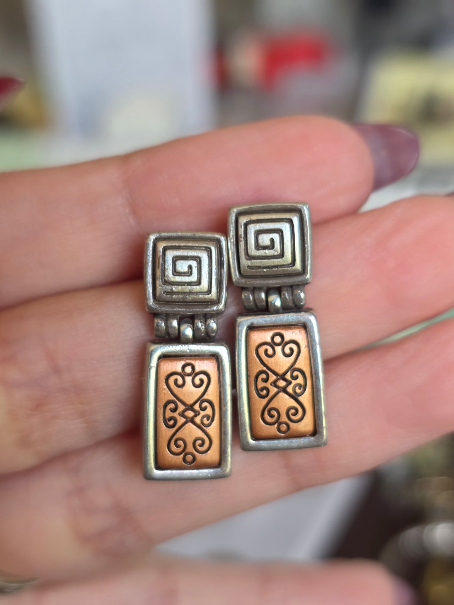 Vintage Heavy Sterling Silver & Copper Accented Scroll Drop Earrings