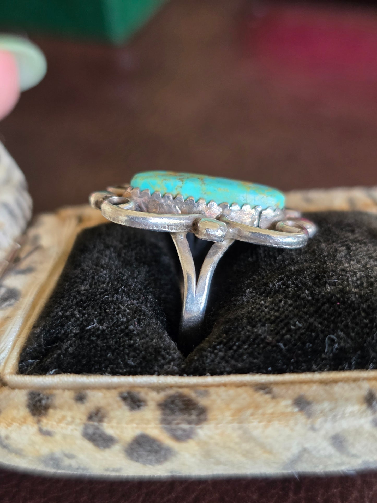 Vintage Navajo Style Signed RB Elongated Royston Turquoise Gemstone Sterling Silver Statement Ring Size 5.5