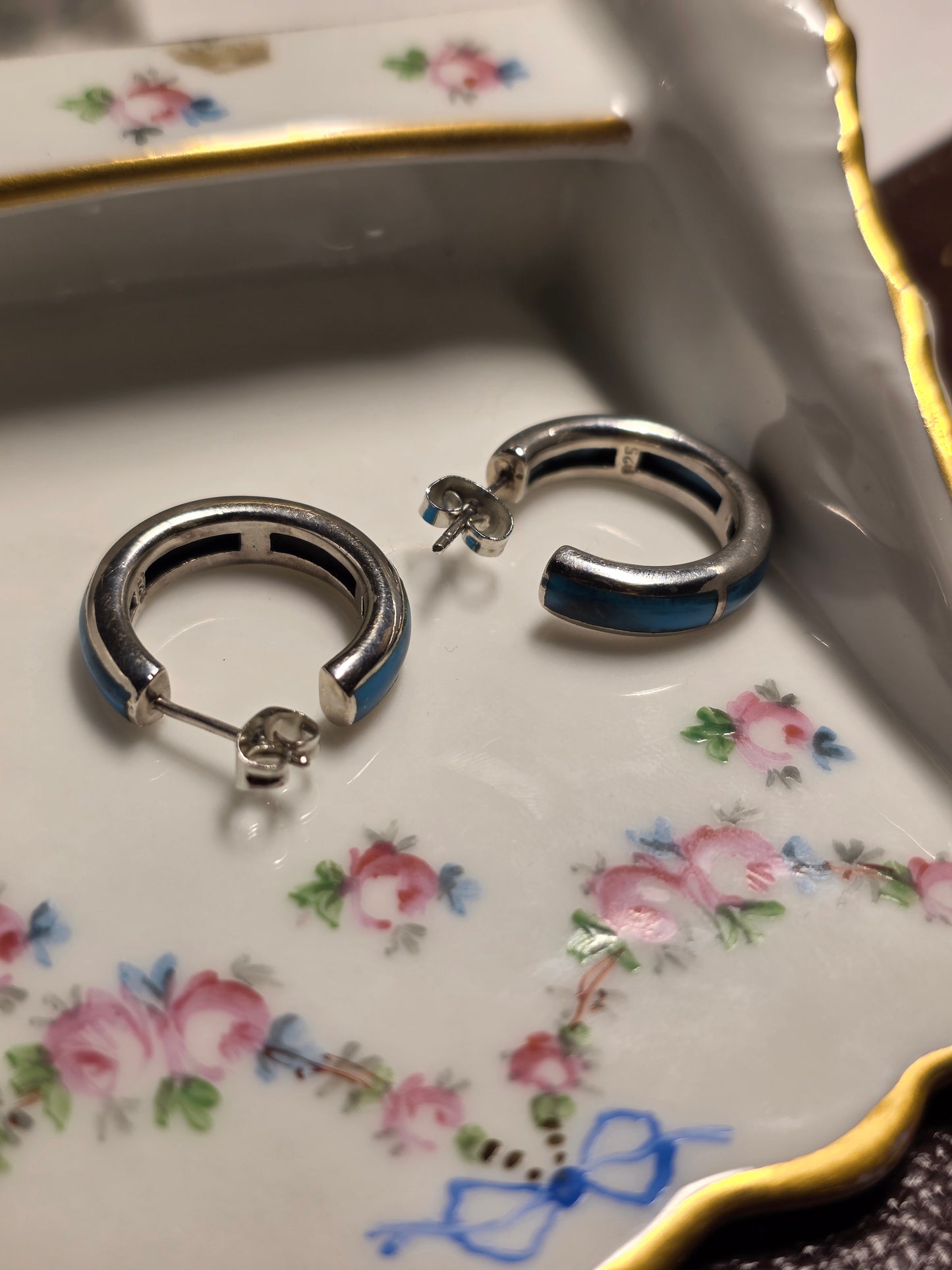 Awesome Turquoise Inlay Sterling Silver Solid Hoops Earrings