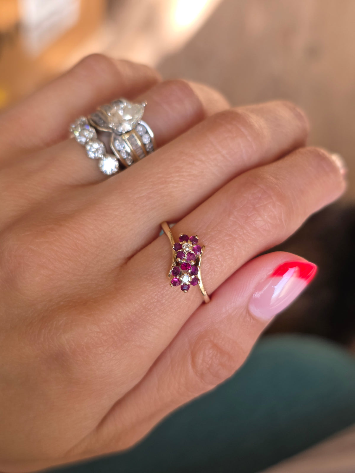 10k Ruby And Diamond Flowers Bypass Statement Ring