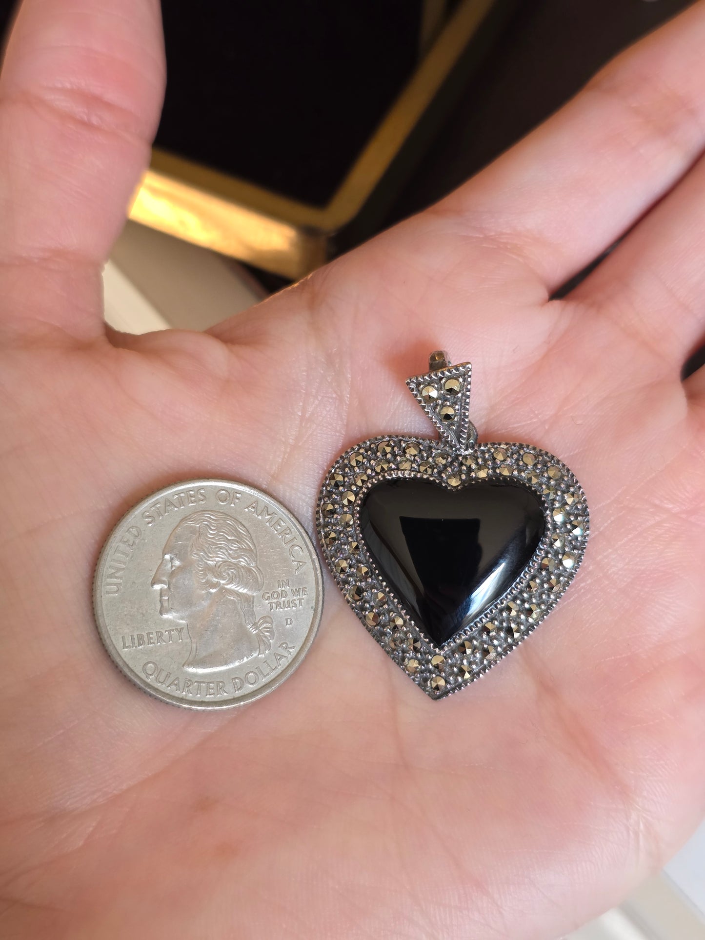 Amazing Sterling Silver Black Onyx Heart & Marcasite Large Pendant (NO CHAIN)