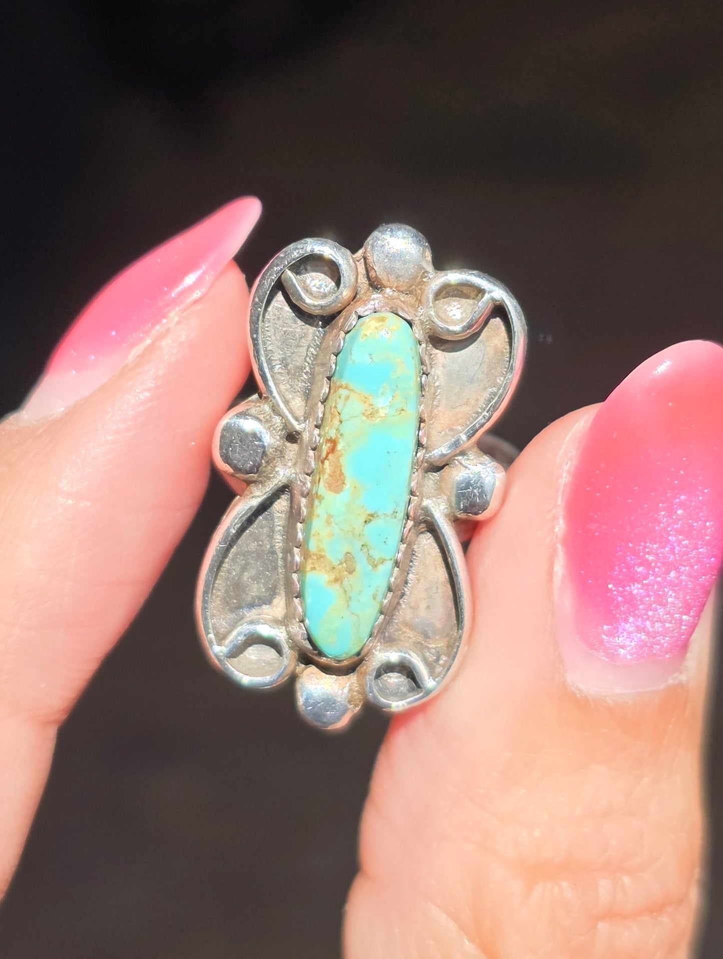 Vintage Navajo Style Signed RB Elongated Royston Turquoise Gemstone Sterling Silver Statement Ring Size 5.5