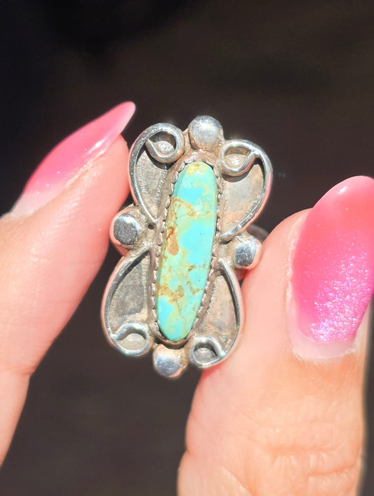 Vintage Navajo Style Signed RB Elongated Royston Turquoise Gemstone Sterling Silver Statement Ring Size 5.5