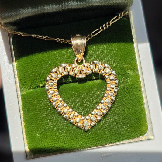 Lovely 10k Gold Textured Panther Link Heart Cut Out Pendant (NO CHAIN)