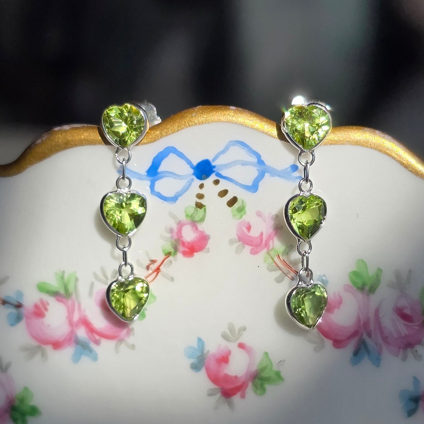 Pretty 14k White Gold Triple Heart Peridot Dangle Earrings August Birthstone