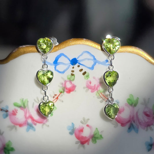 Pretty 14k White Gold Triple Heart Peridot Dangle Earrings August Birthstone