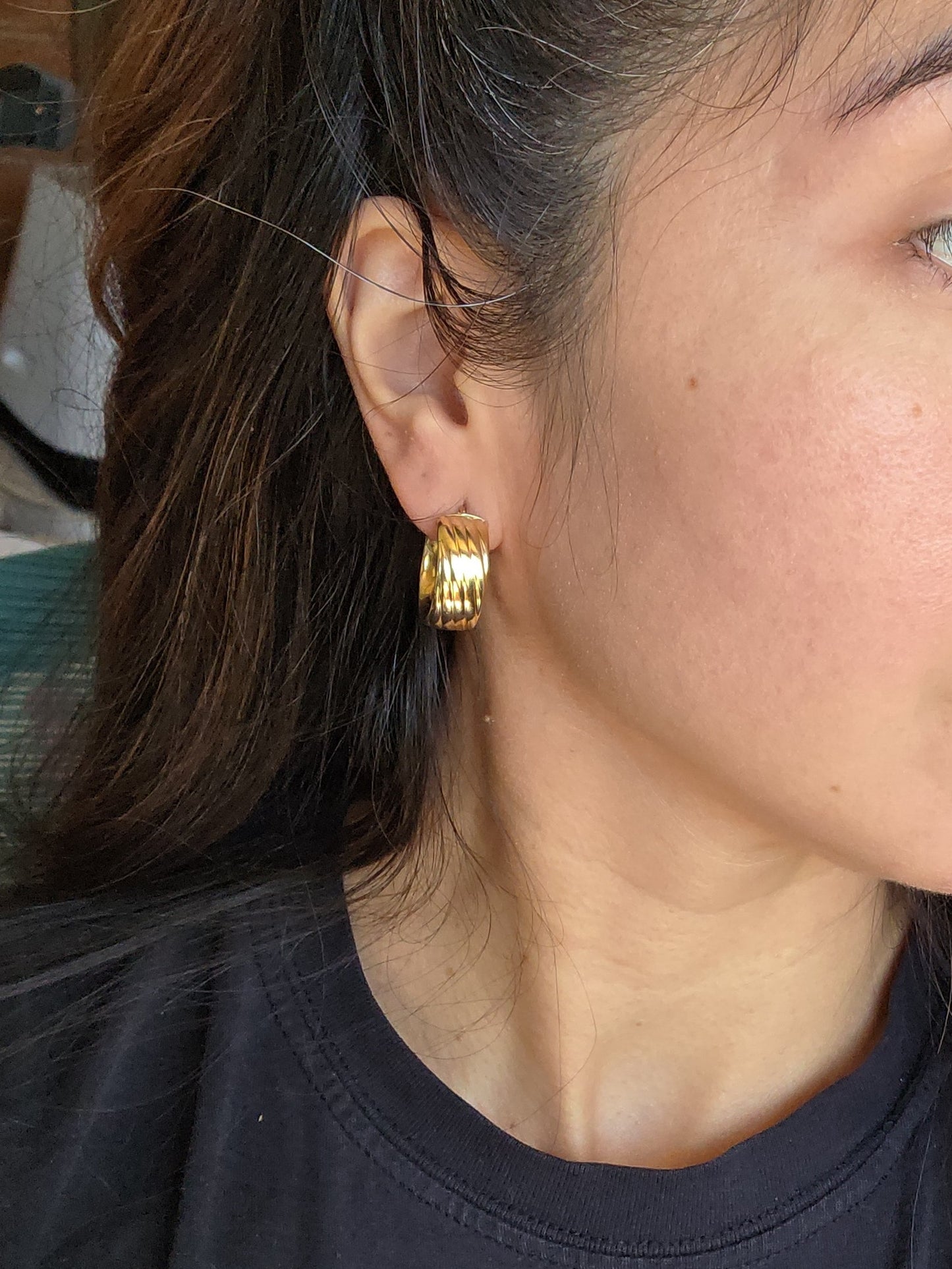 10k Gold Vintage Ribbed Chunky Hoops Earrings .8" Italian Made