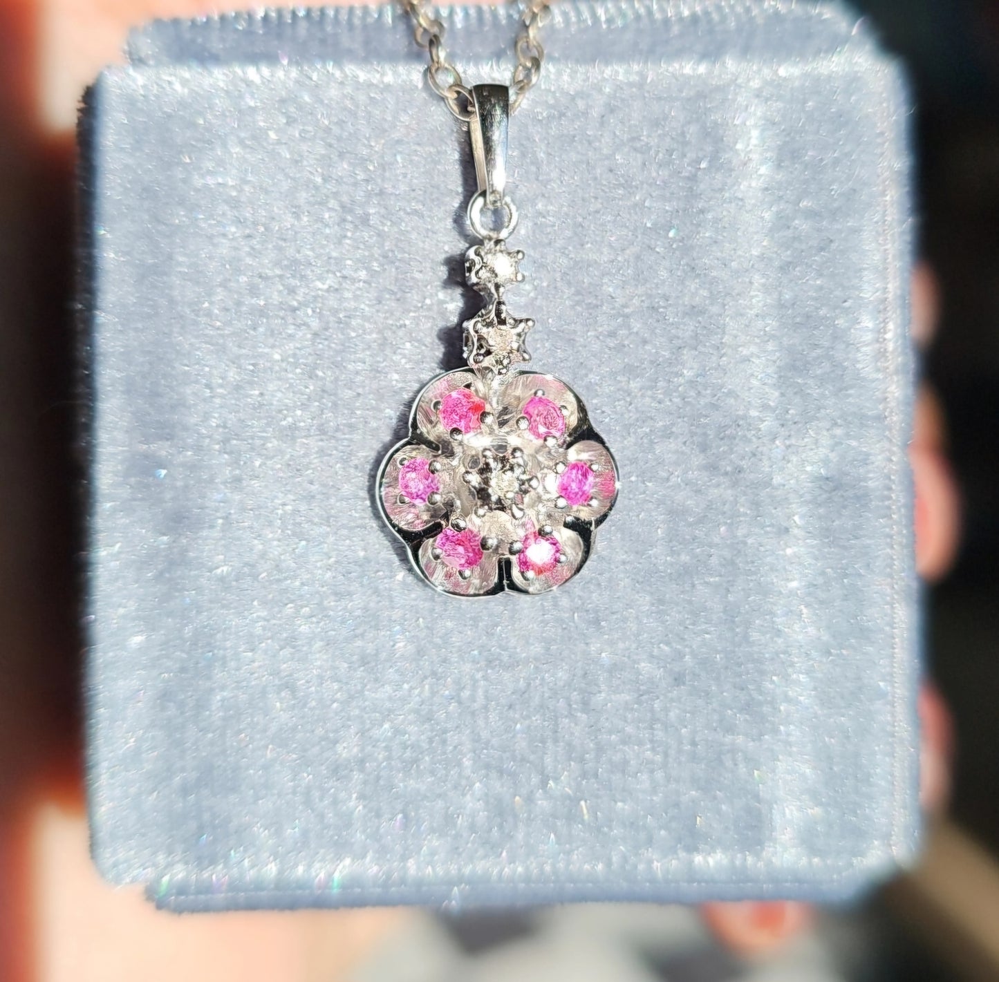 Beautiful Vintage White Gold Pink Sapphire & Diamond Flower Pendant (NO CHAIN)