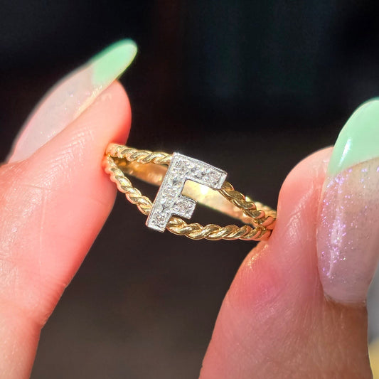 Vintage 14k Gold 2Toned Diamond Accented F Initial Split Rope Band Ring Size 6.25
