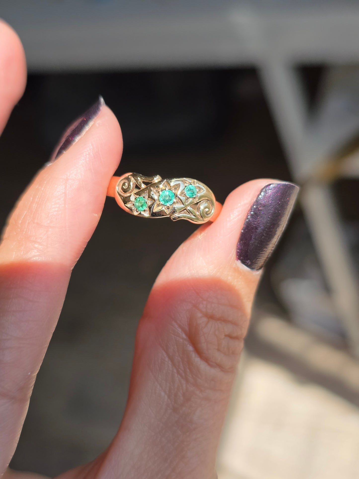 Beautiful Vintage 10k Star Set Emerald Antique Style "Boat" Ring Size 7.5