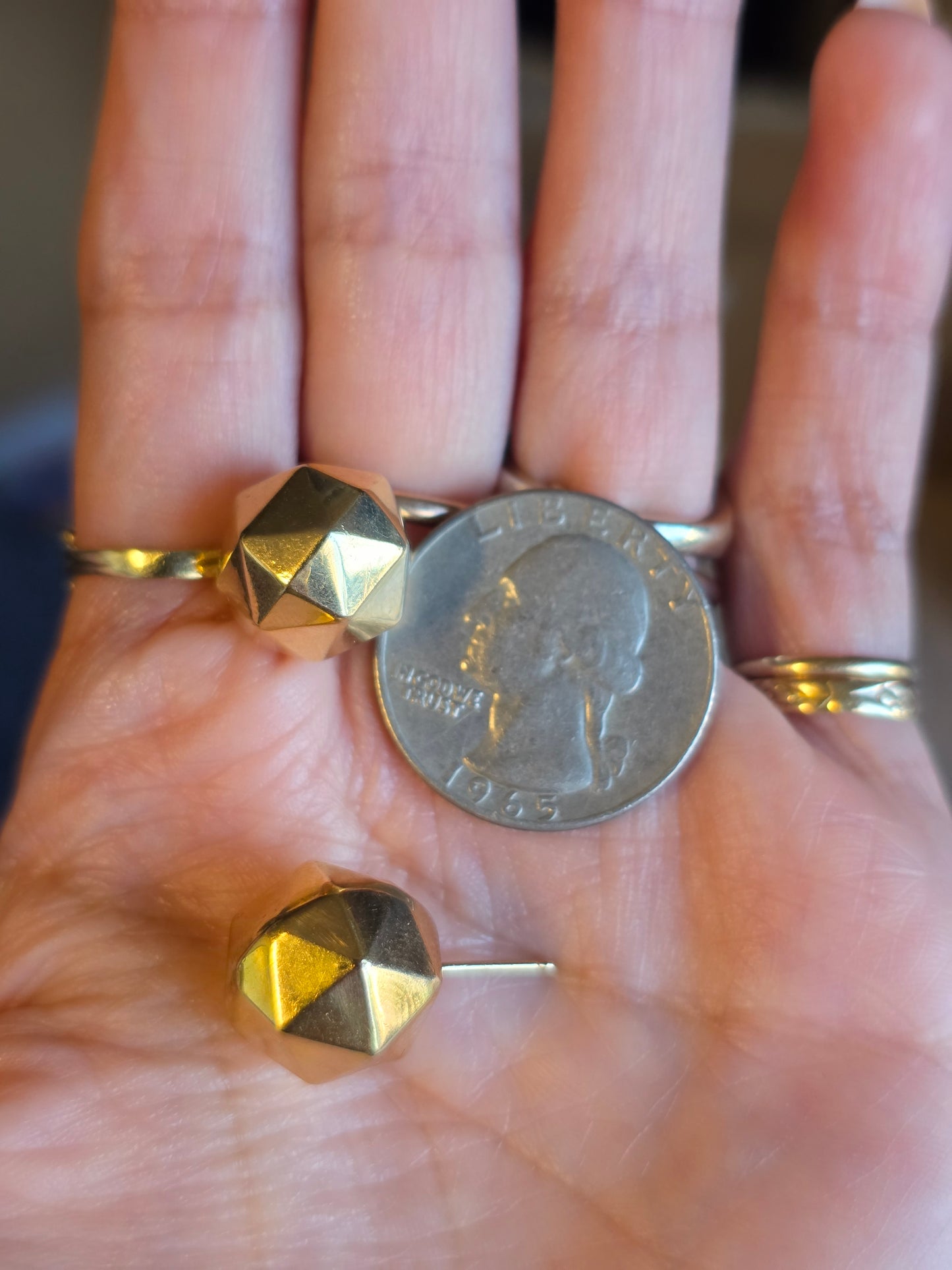 14k Gold Faceted Geometric Sphere Big Bead Modernist Button Statement Earrings