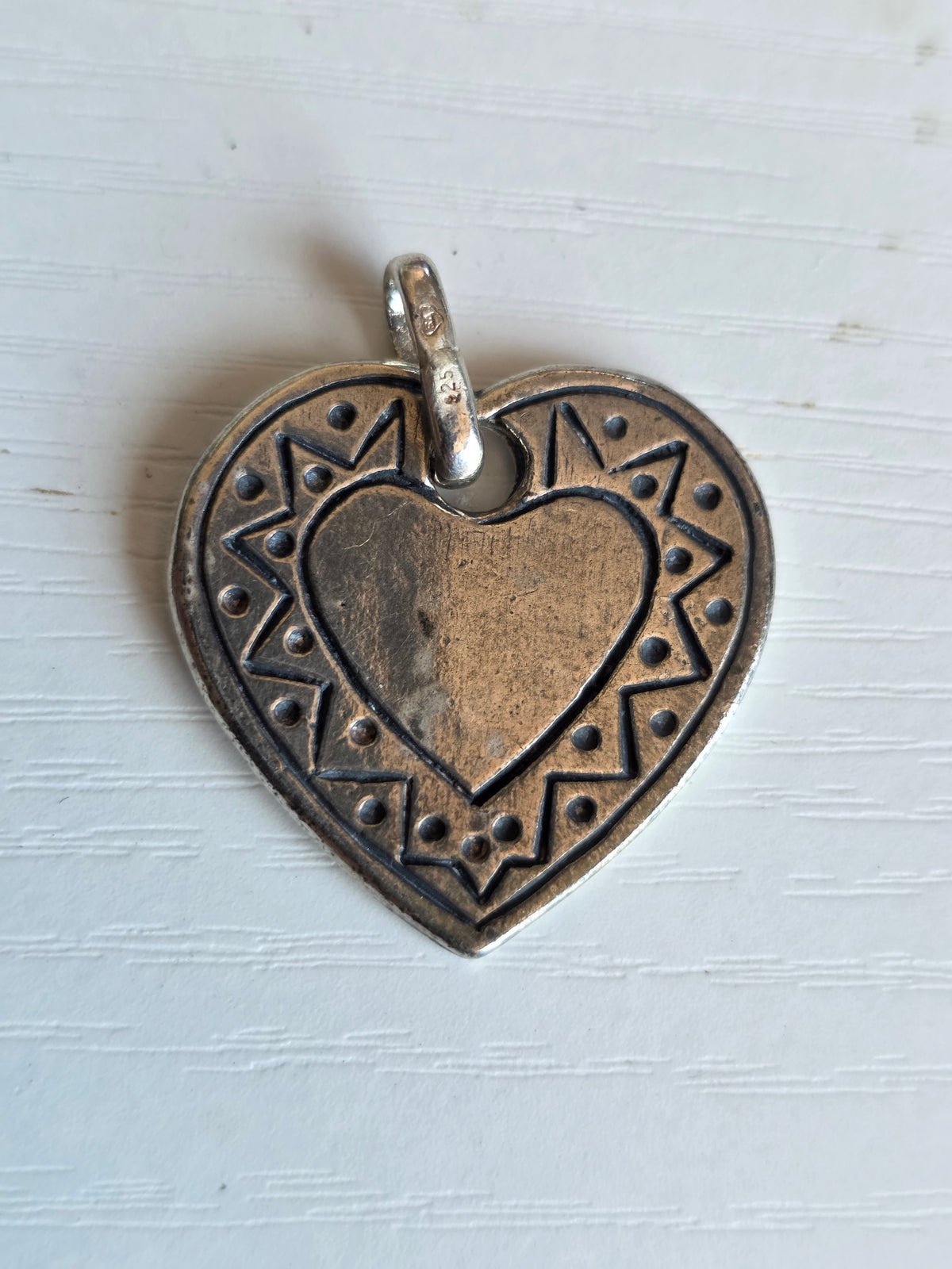 Solid Sterling Silver ZigZag Sunburst Double Sided Heart Pendant (NO CHAIN)