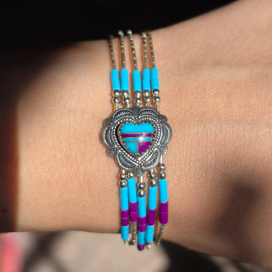 Southwestern Turquoise & Purple Heart Inlay Liquid Silver Multistrand Bracelet 7"