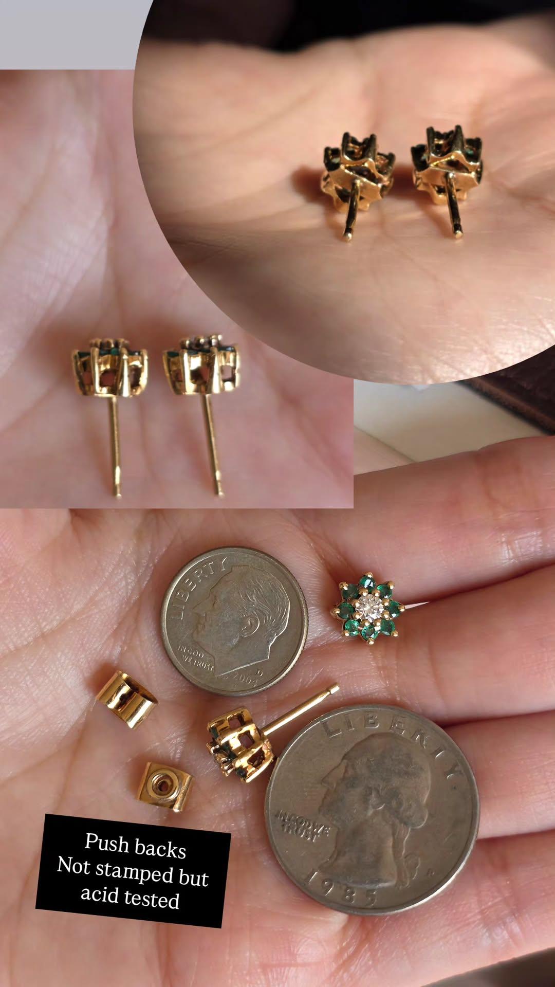 Gorgeous 18k Gold Natural Emerald and Diamond Cluster Flower Stud Earrings