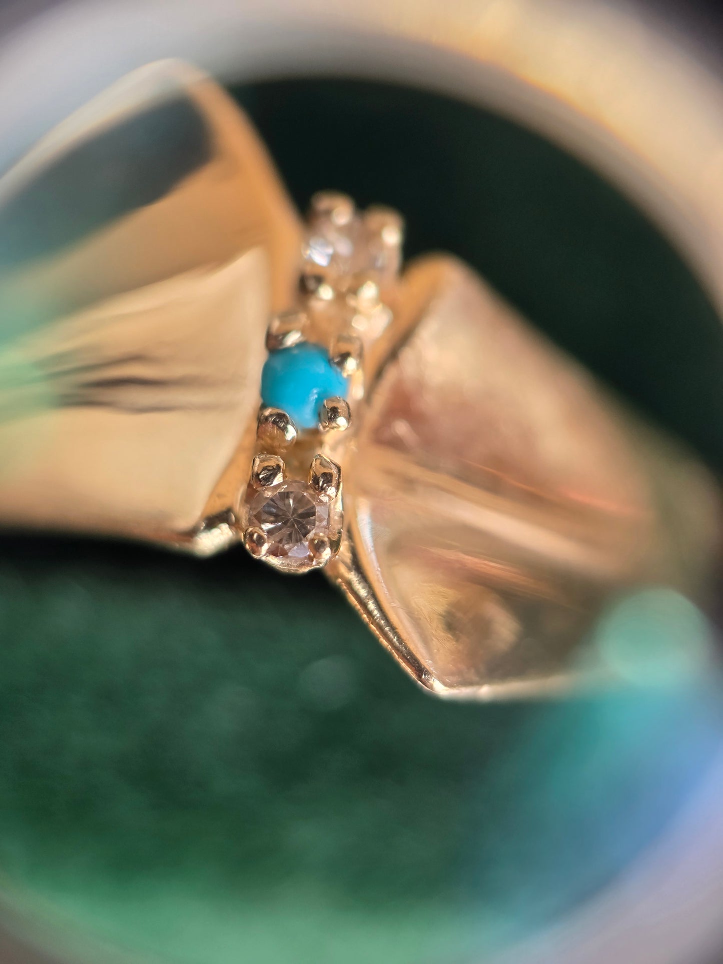 14k Gold Turquoise and Diamond Bow Wide Statement Ring Size 6.75