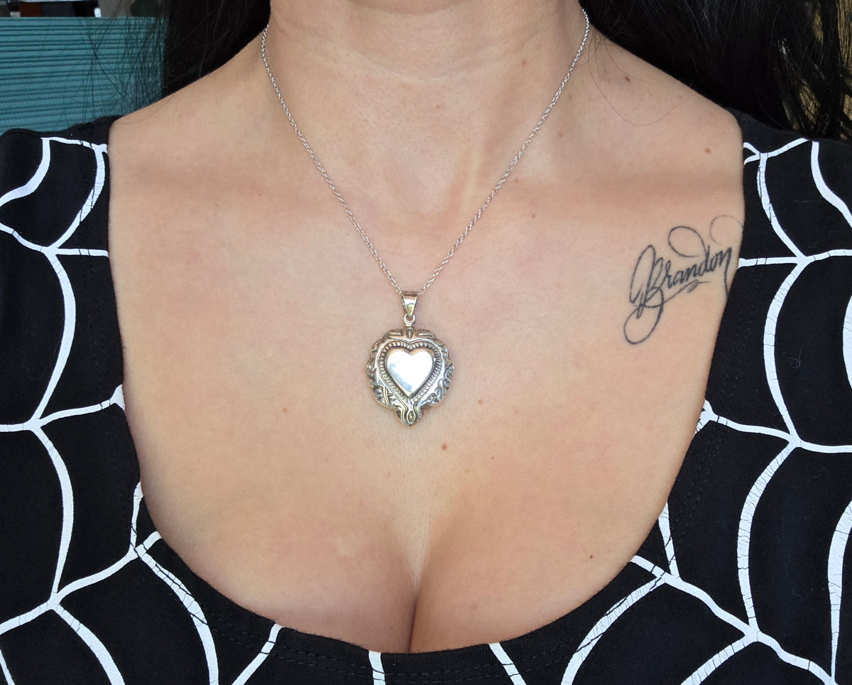 Vintage Puffy Ornate Sterling Silver Large Heart Pendant (NO CHAIN)