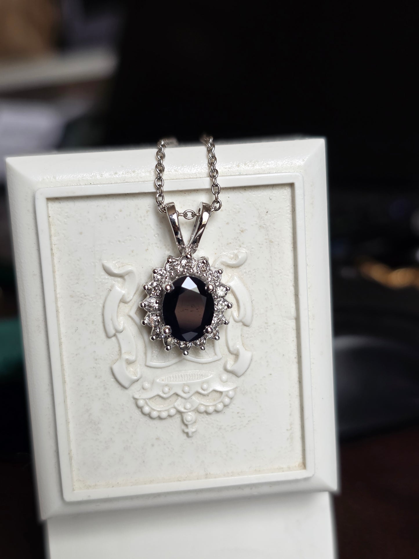 Beautiful 14k White Gold 2.44TCW Dark Blue Sapphire and Diamond Halo Pendant Necklace With 16" Cable Chain