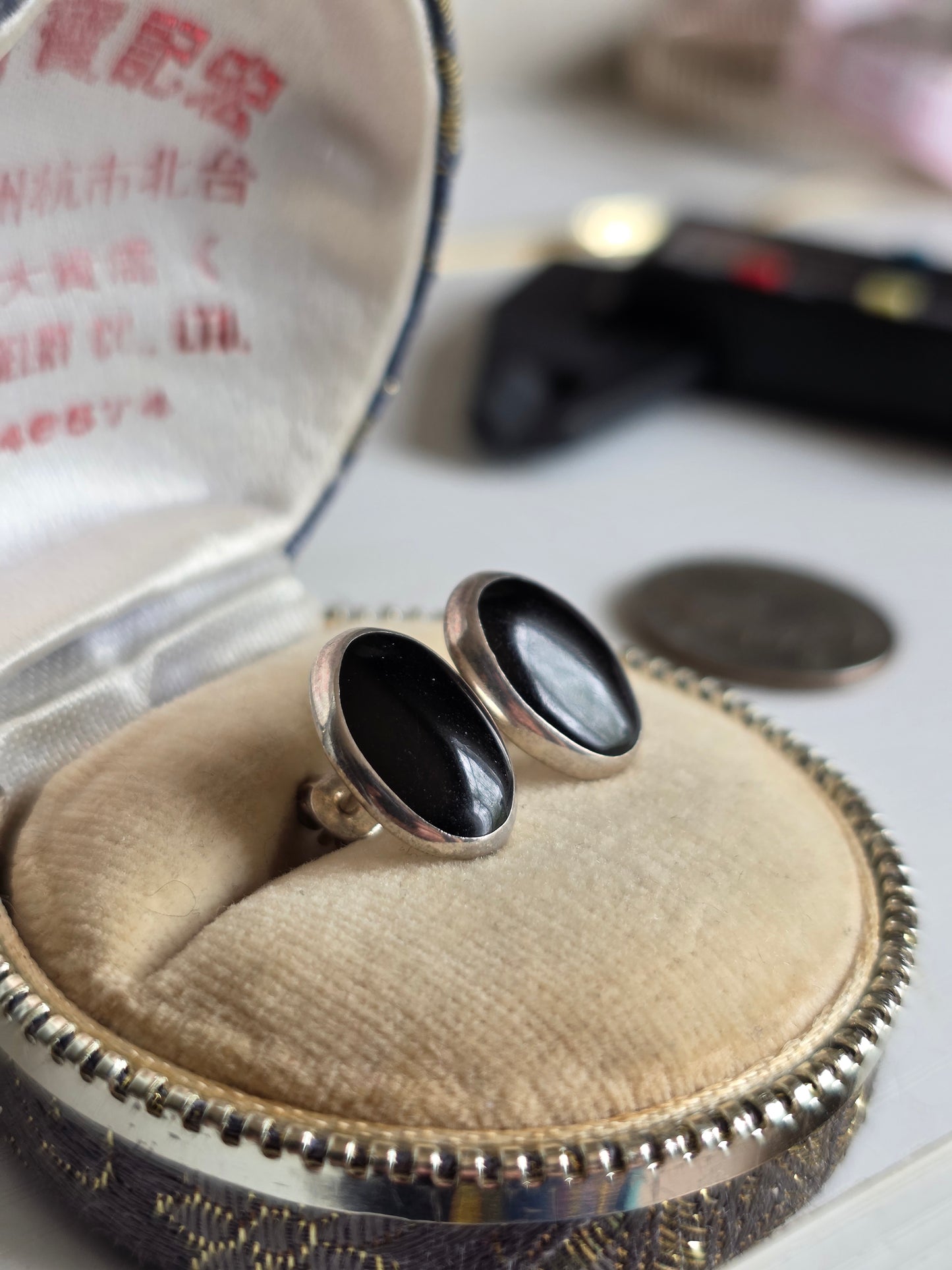 Sterling Silver Oval Onyx Inlay Statement Earrings