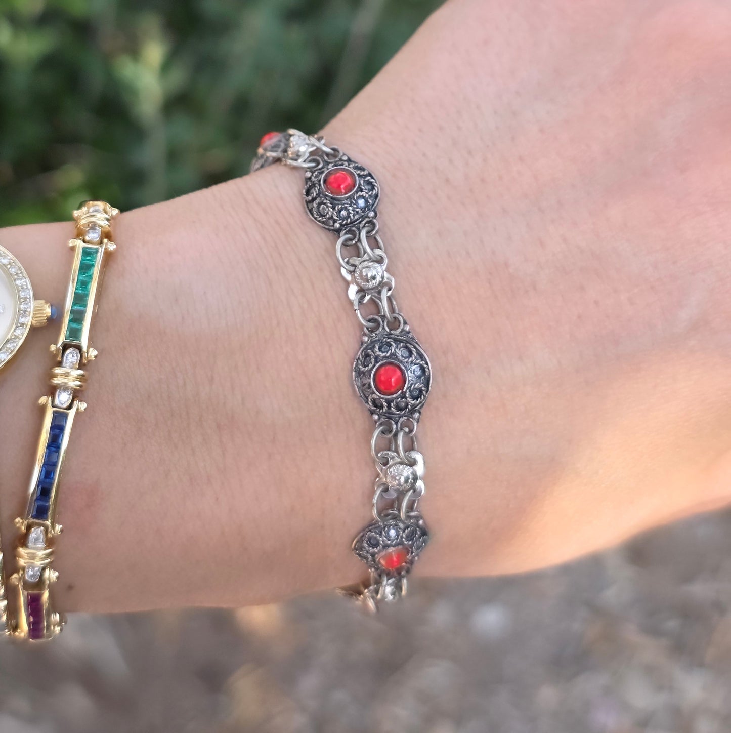 Pretty Sterling Silver Synthetic Red Coral Bracelet 7"
