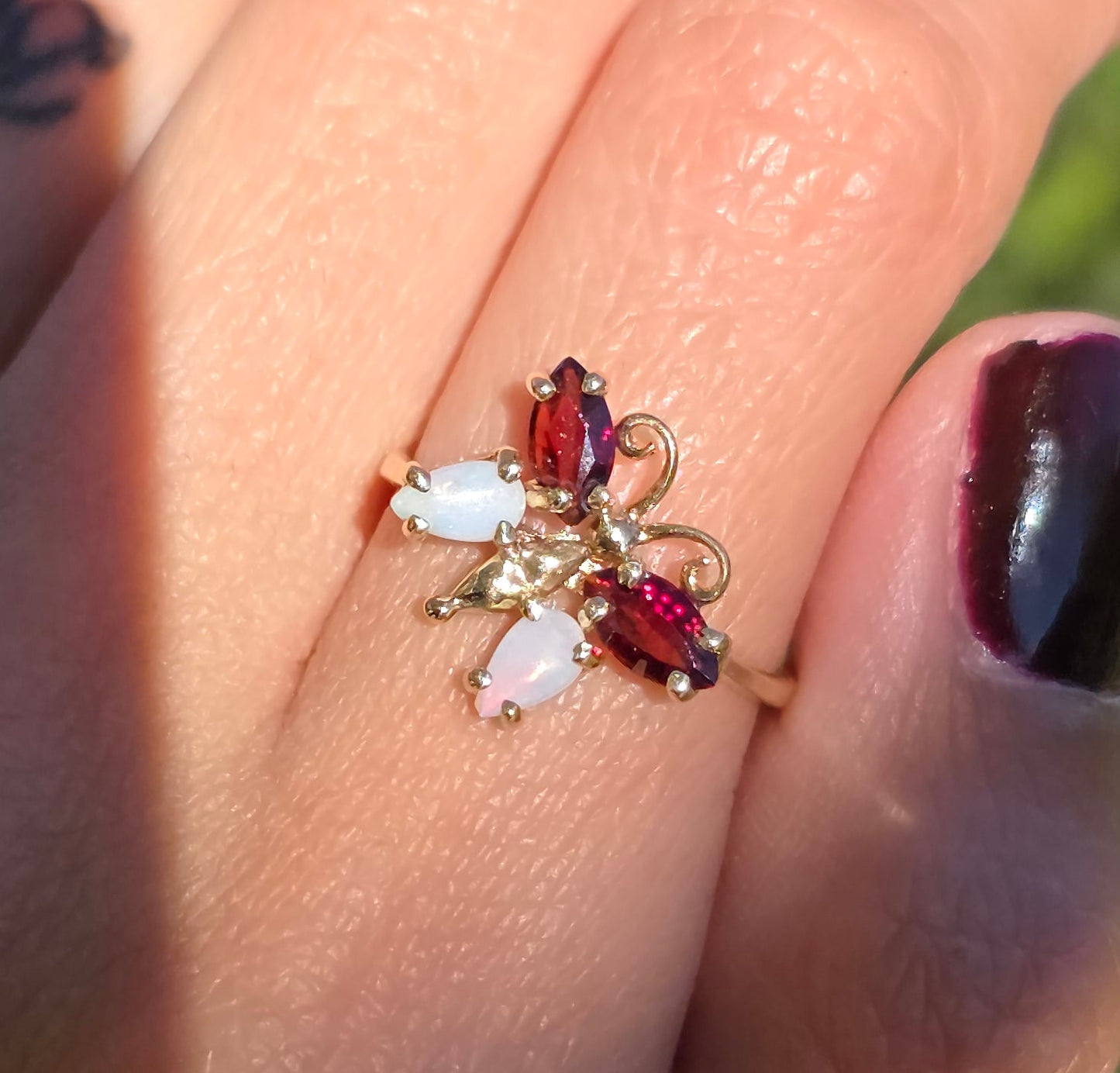 Adorable Garnet and Opal 10k Gold Butterfly Gemstone Ring Size 6