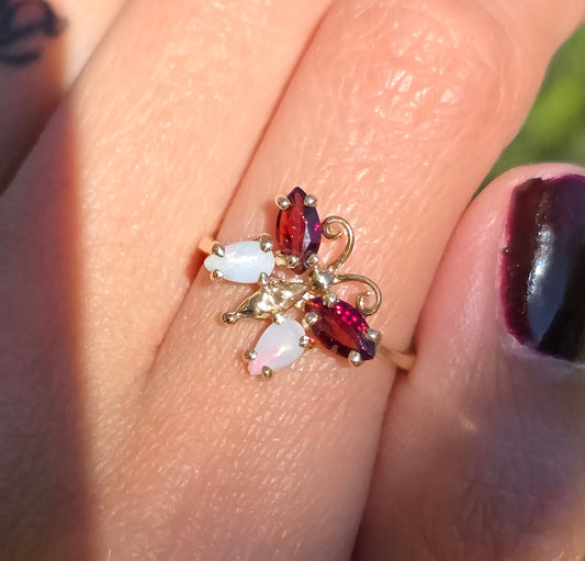Adorable Garnet and Opal 10k Gold Butterfly Gemstone Ring Size 6