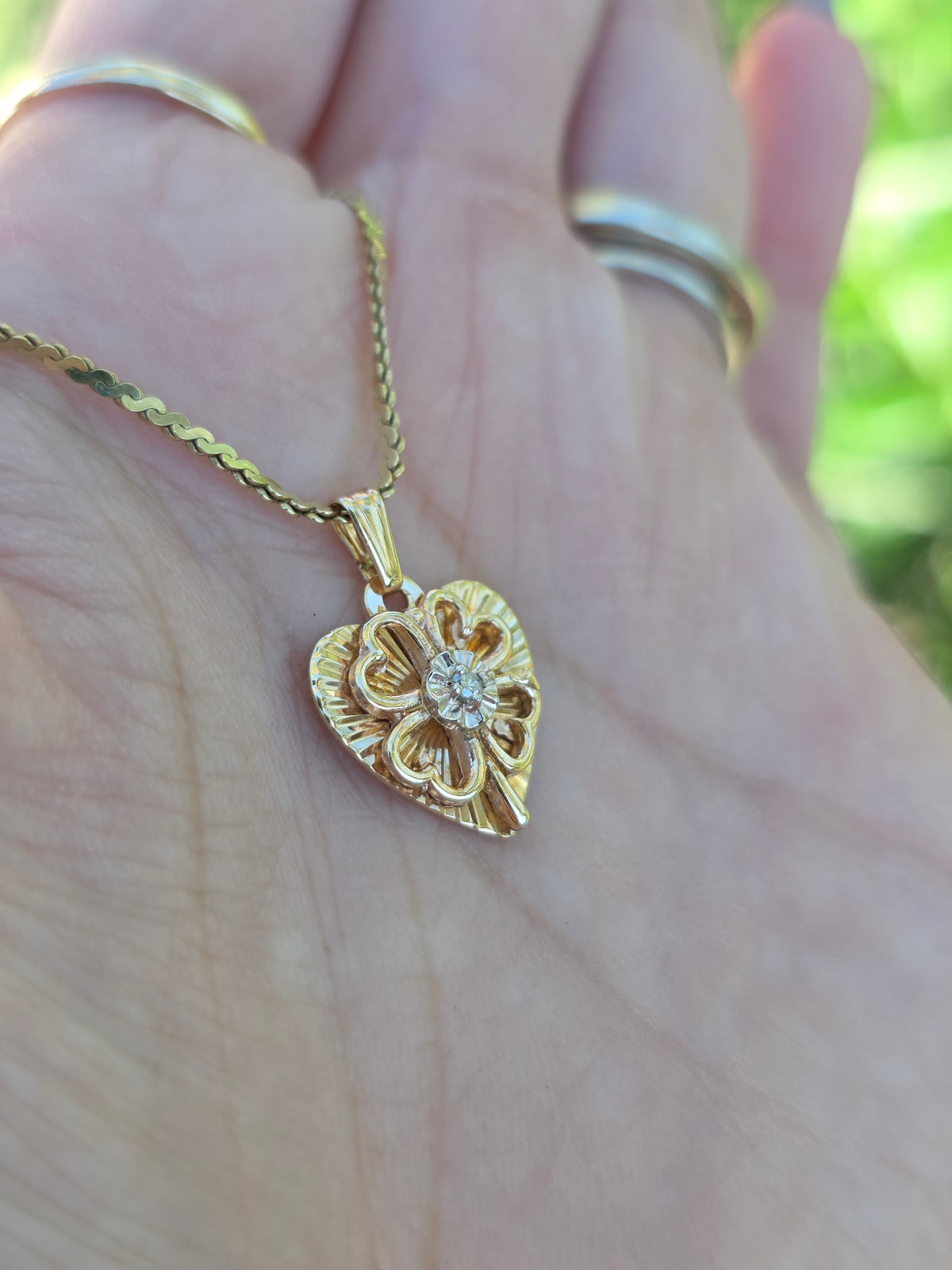 Vintage 10k Gold Dainty Diamond Accented Engine Turned Clover Heart Charm (NO CHAIN)