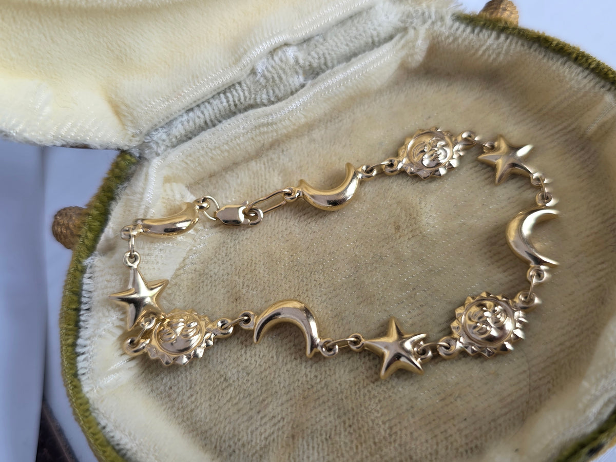 Beautiful 14k Gold Celestial Sun Star Puffy Moon Bracelet 6.75"