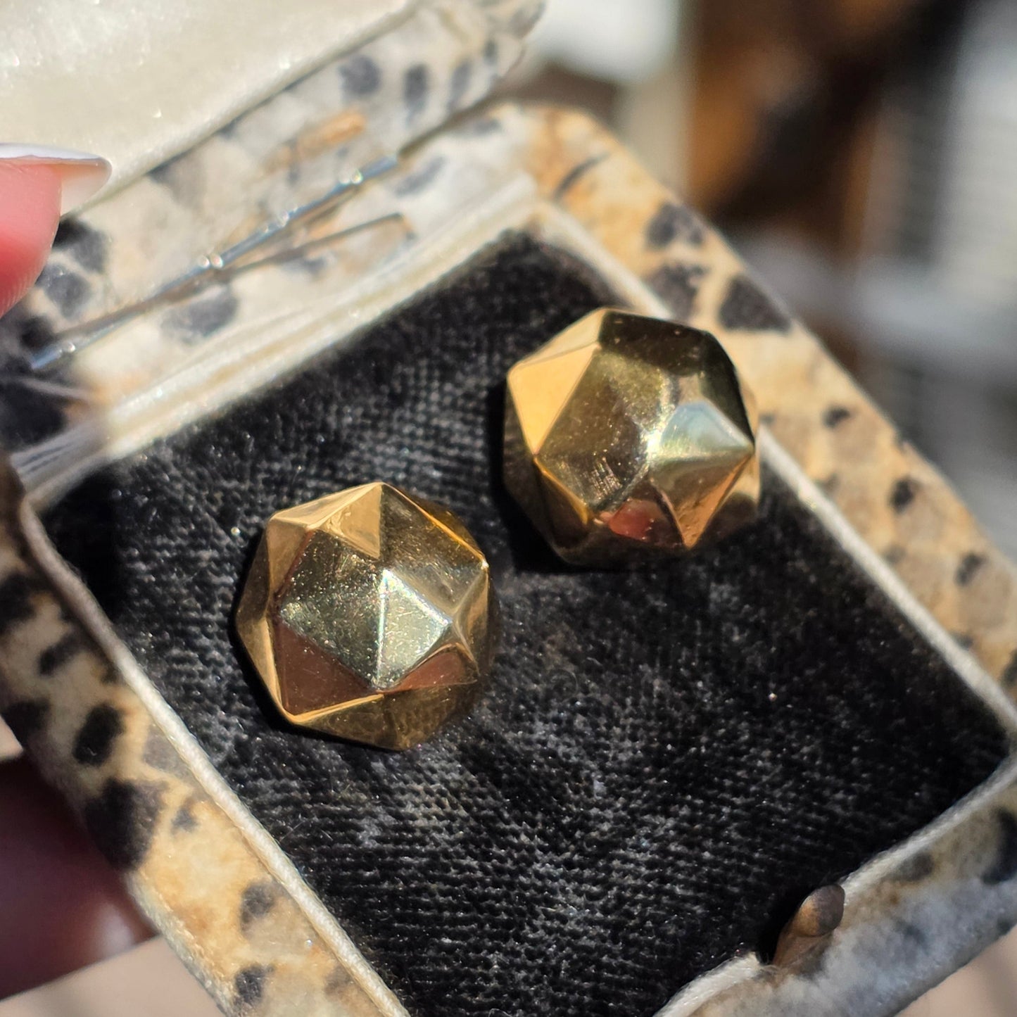 14k Gold Faceted Geometric Sphere Big Bead Modernist Button Statement Earrings