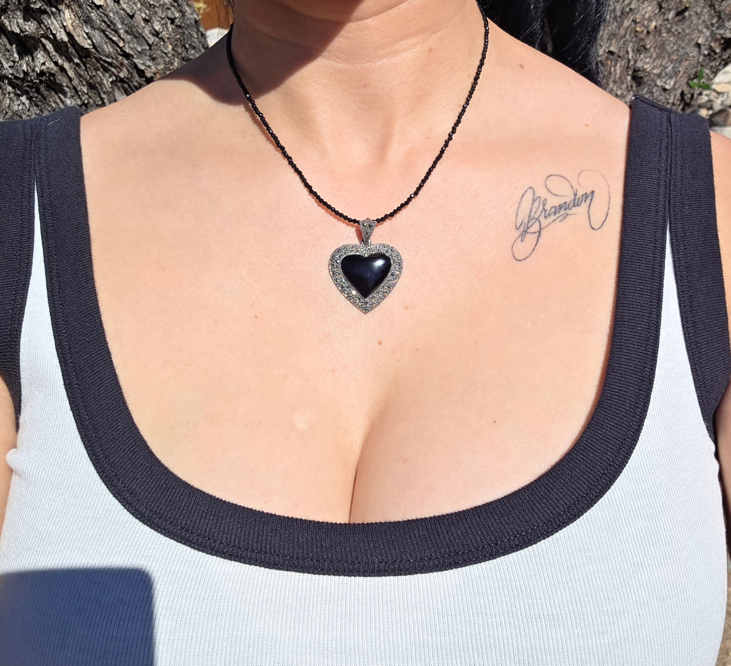 Amazing Sterling Silver Black Onyx Heart & Marcasite Large Pendant (NO CHAIN)