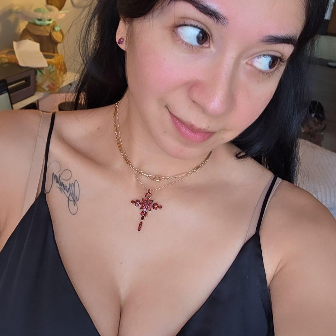 Crimson Red 10k Gold Large Garnet Cross Pendant (NO CHAIN)