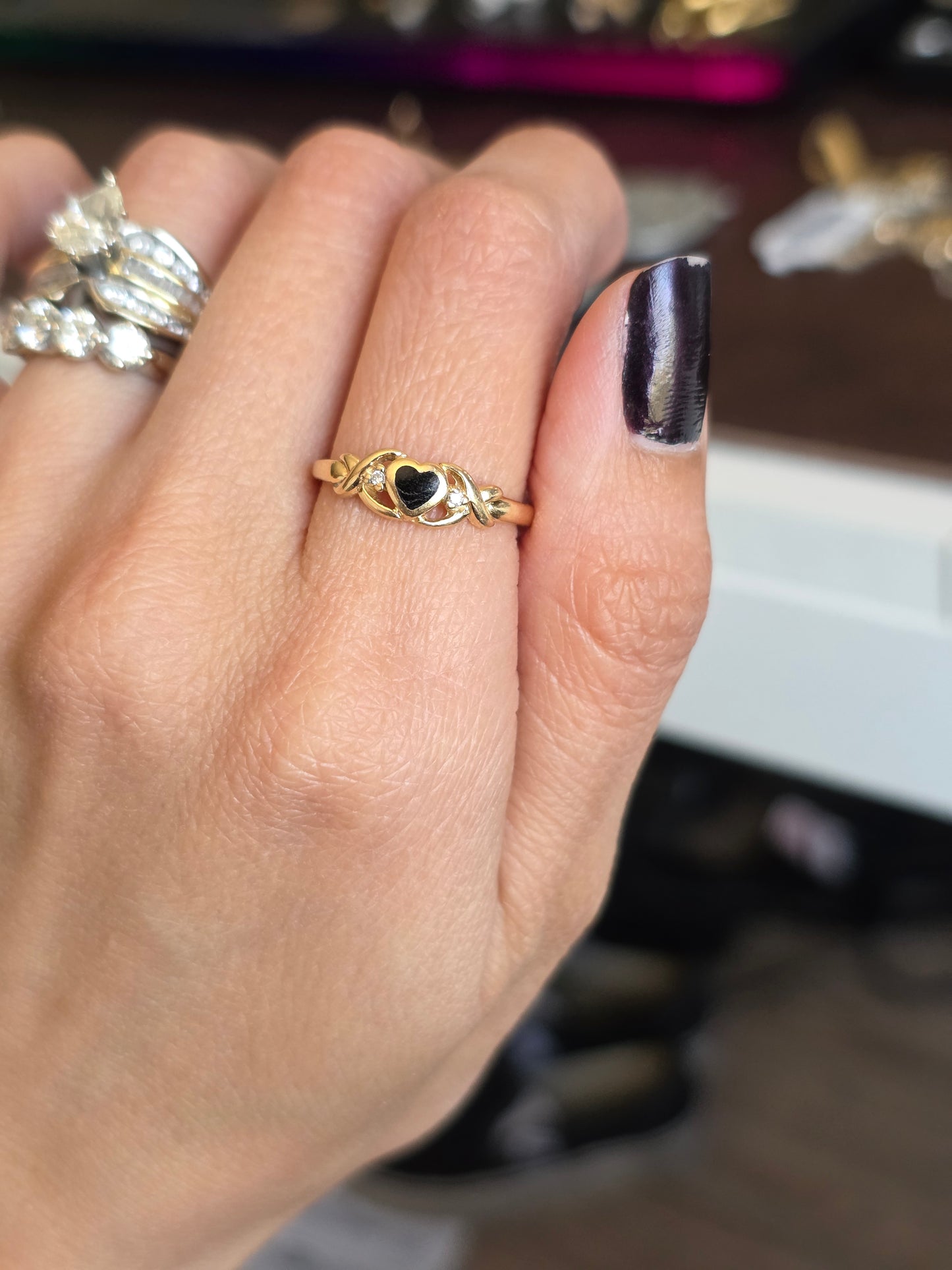 Adorable 14k Kabana Black Enamel Heart Diamond Ring Size 6