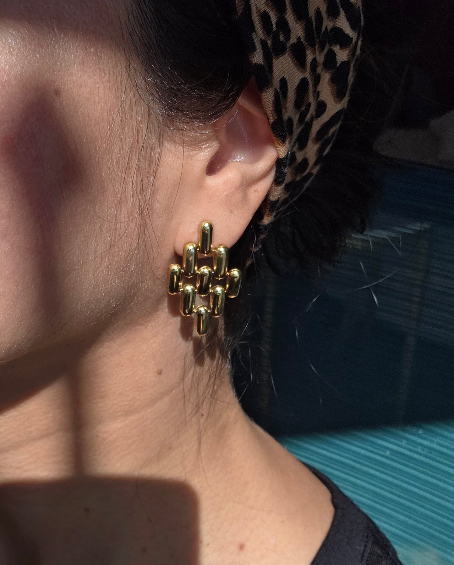 Awesome Italian 14k Gold Panther Link Diamond Shaped Dangle Statement Earrings