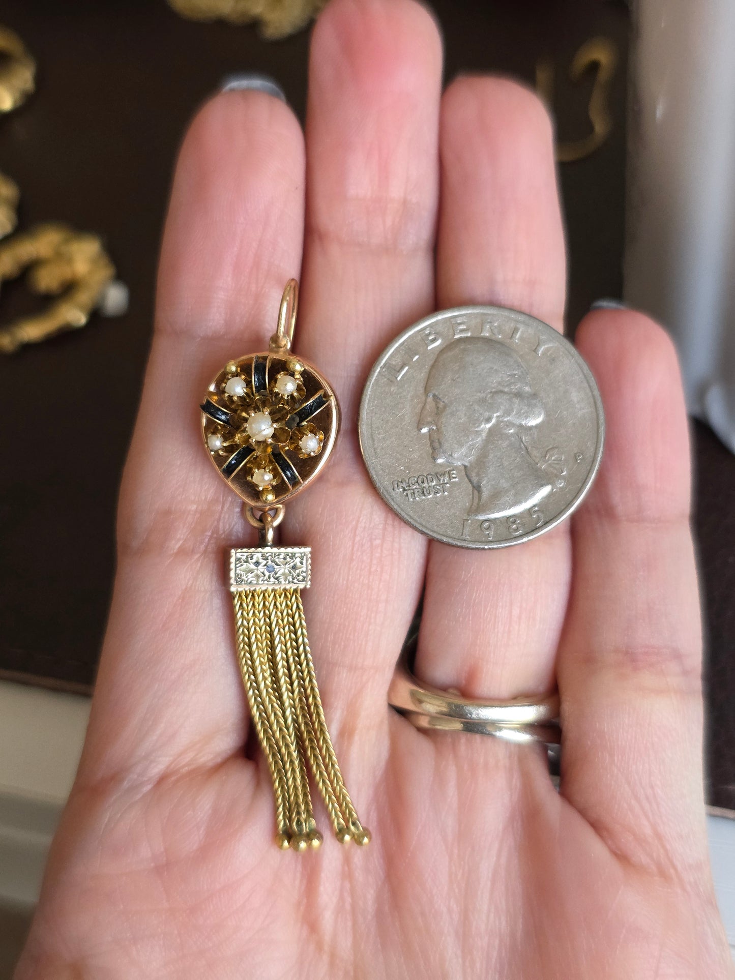 Stunning Victorian Style 14k/10k Seed Pearl & Black Enamel 2-In-1 Convertible Dangle Earrings